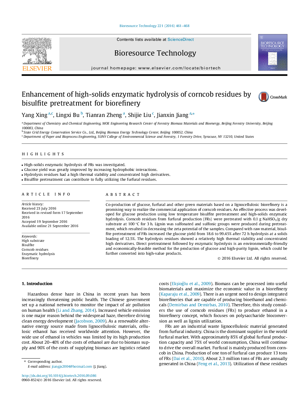 Enhancement of high-solids enzymatic hydrolysis of corncob residues by bisulfite pretreatment for biorefinery