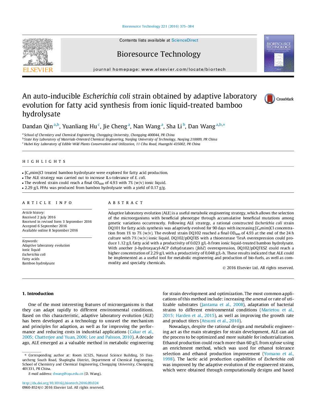 عکس صفحه اول مقاله: An auto-inducible Escherichia coli strain obtained by adaptive laboratory evolution for fatty acid synthesis from ionic liquid-treated bamboo hydrolysate An auto-inducible Escherichia coli strain obtained by adaptive laboratory evolution for fatty acid synthesis from ionic liquid-treated bamboo hydrolysate