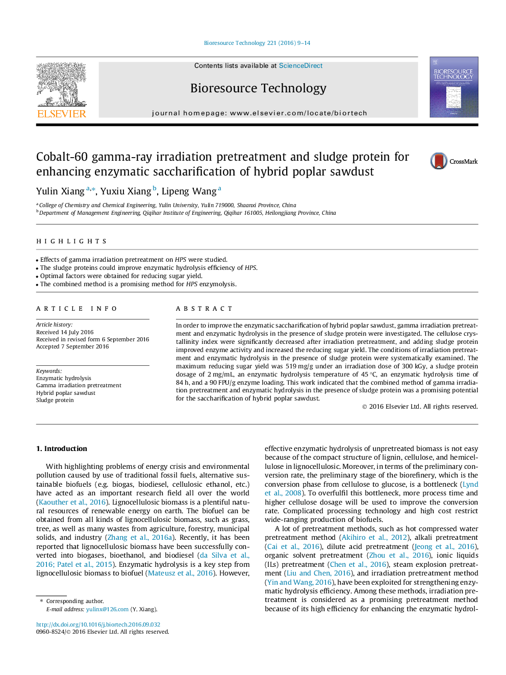 Cobalt-60 gamma-ray irradiation pretreatment and sludge protein for enhancing enzymatic saccharification of hybrid poplar sawdust