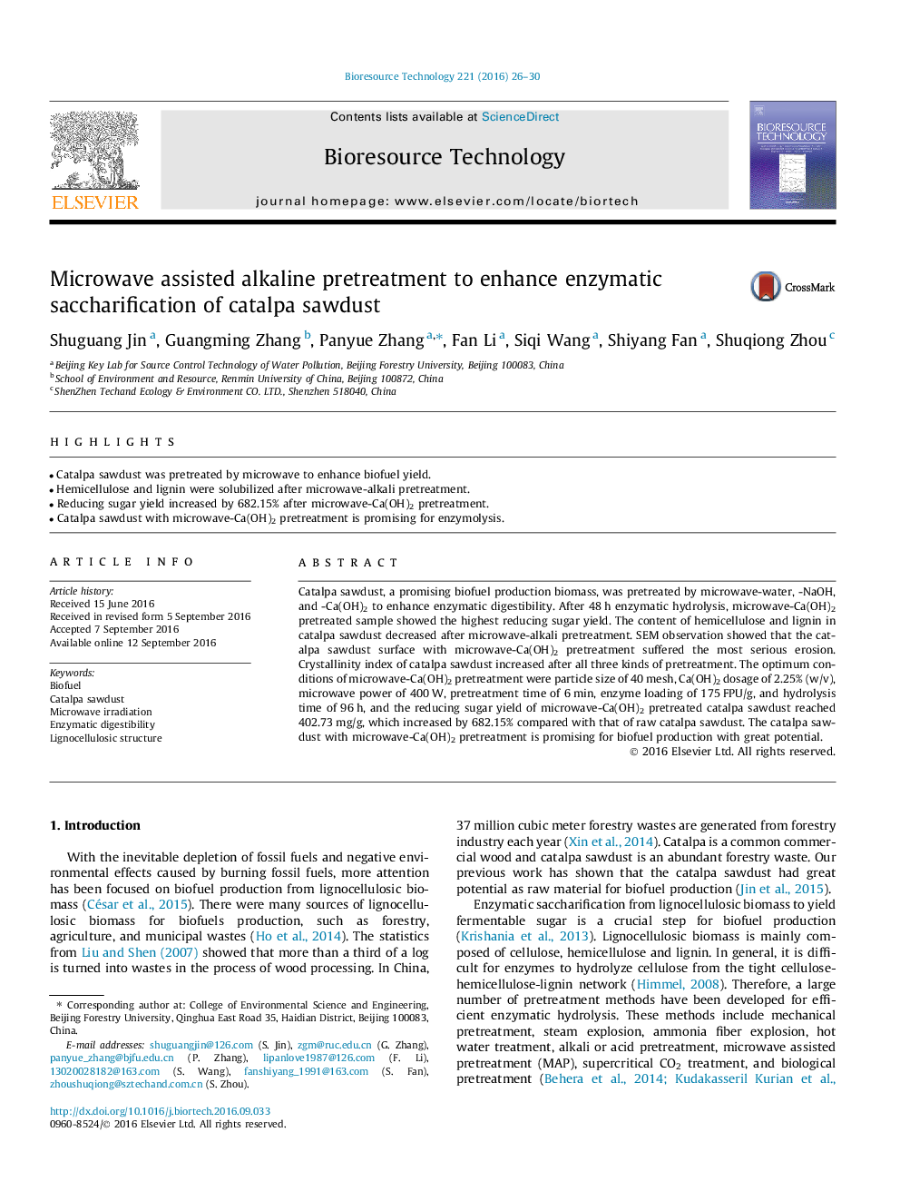 Microwave assisted alkaline pretreatment to enhance enzymatic saccharification of catalpa sawdust