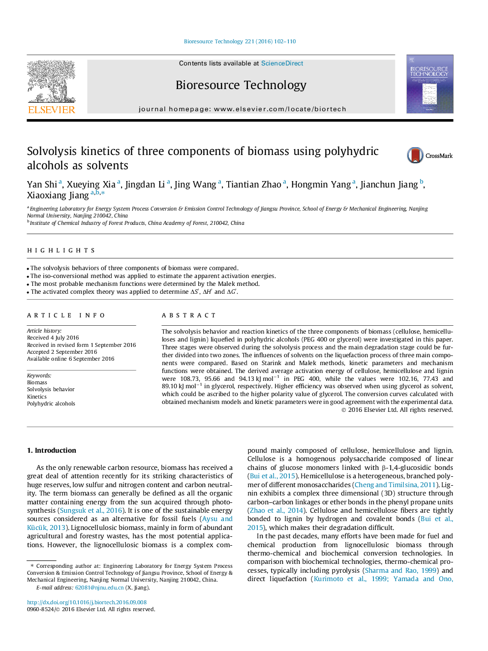 Solvolysis kinetics of three components of biomass using polyhydric alcohols as solvents