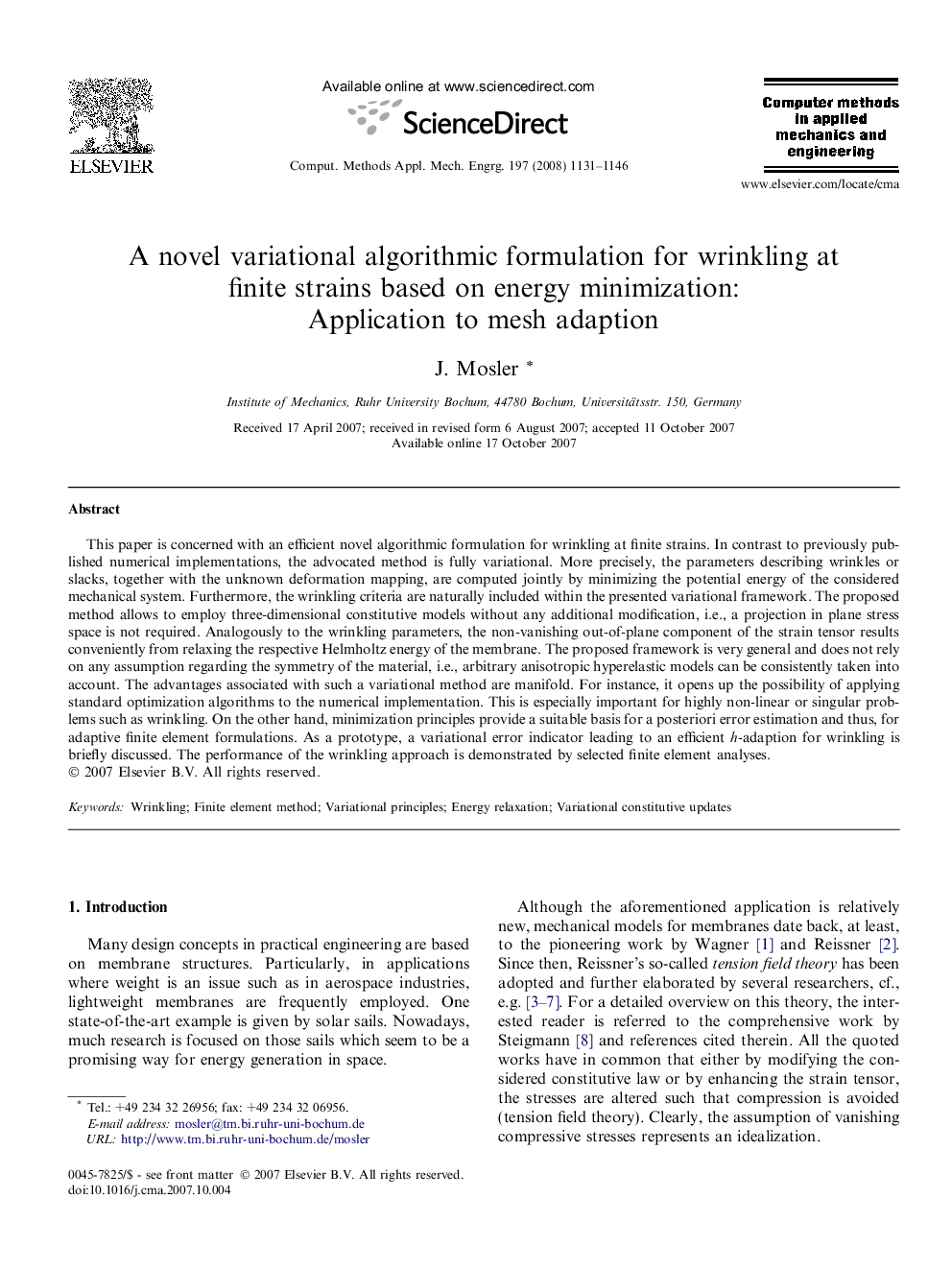 A novel variational algorithmic formulation for wrinkling at finite strains based on energy minimization: Application to mesh adaption