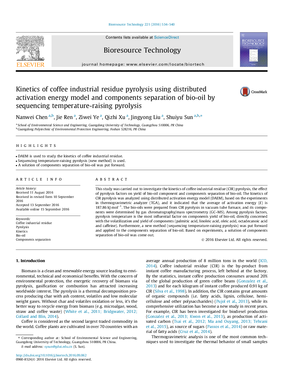 Kinetics of coffee industrial residue pyrolysis using distributed activation energy model and components separation of bio-oil by sequencing temperature-raising pyrolysis