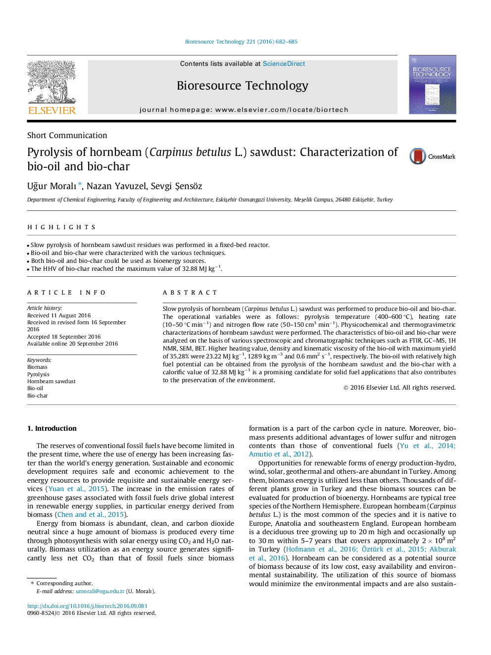 Short CommunicationPyrolysis of hornbeam (Carpinus betulus L.) sawdust: Characterization of bio-oil and bio-char