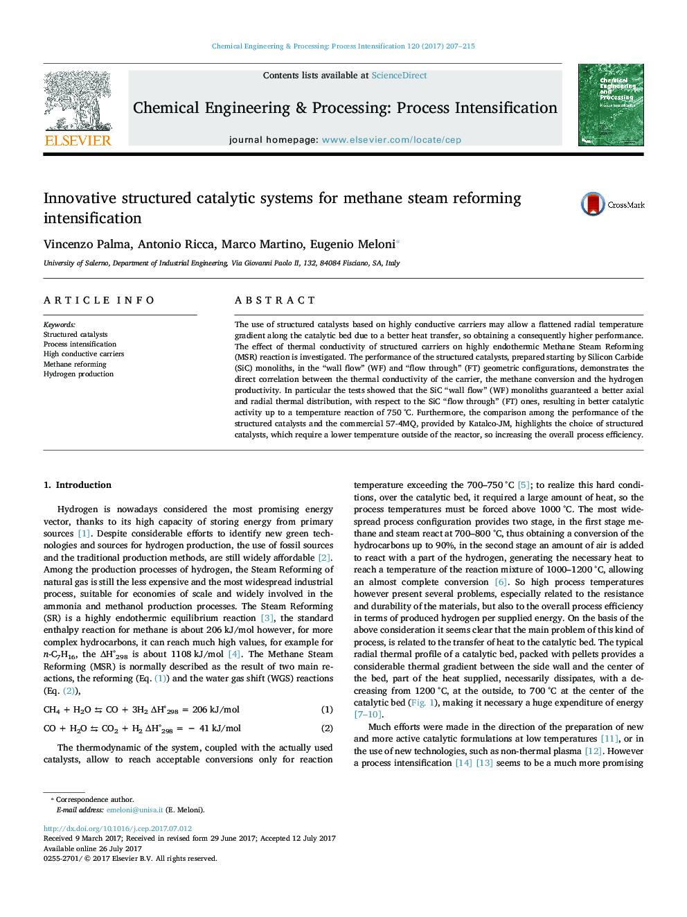 Innovative structured catalytic systems for methane steam reforming intensification