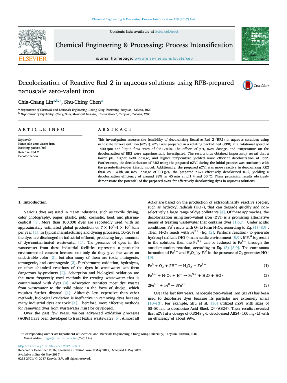 Decolorization of Reactive Red 2 in aqueous solutions using RPB-prepared nanoscale zero-valent iron