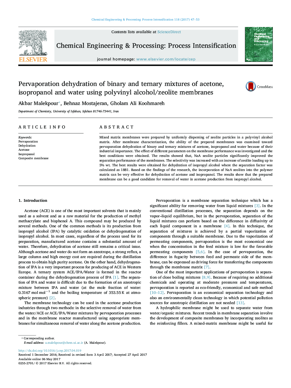 Pervaporation dehydration of binary and ternary mixtures of acetone, isopropanol and water using polyvinyl alcohol/zeolite membranes