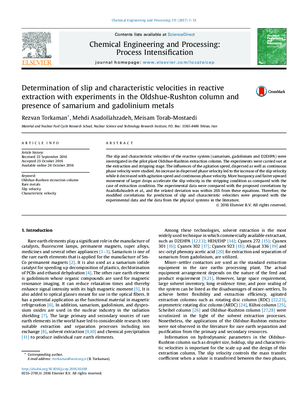 Determination of slip and characteristic velocities in reactive extraction with experiments in the Oldshue-Rushton column and presence of samarium and gadolinium metals