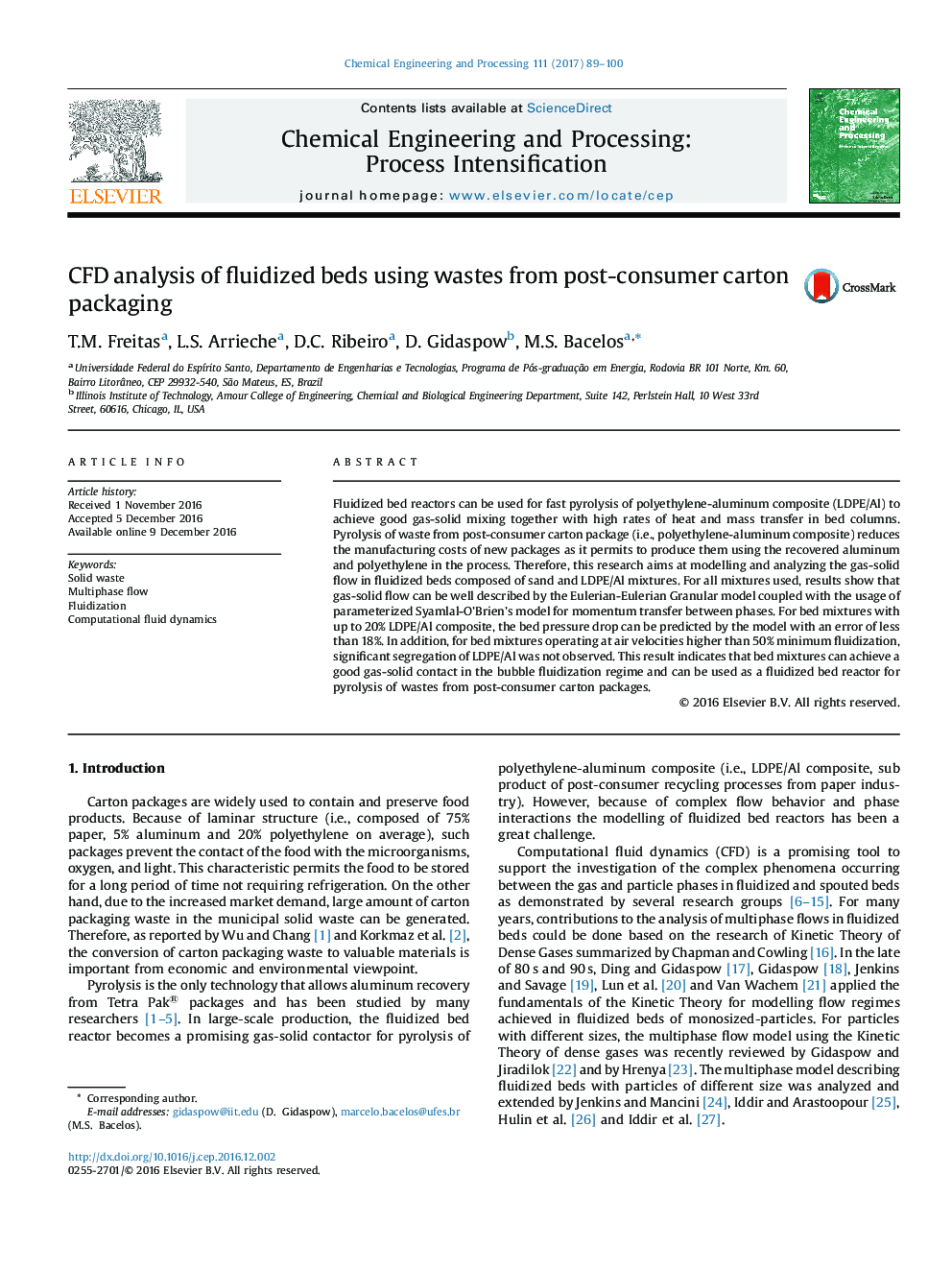 CFD analysis of fluidized beds using wastes from post-consumer carton packaging