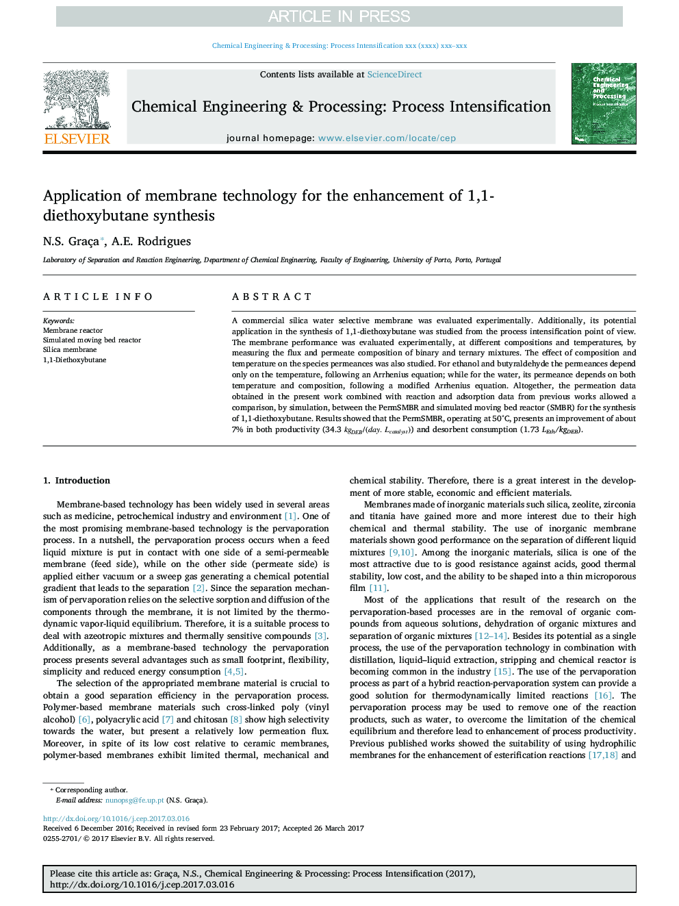 Application of membrane technology for the enhancement of 1,1-diethoxybutane synthesis