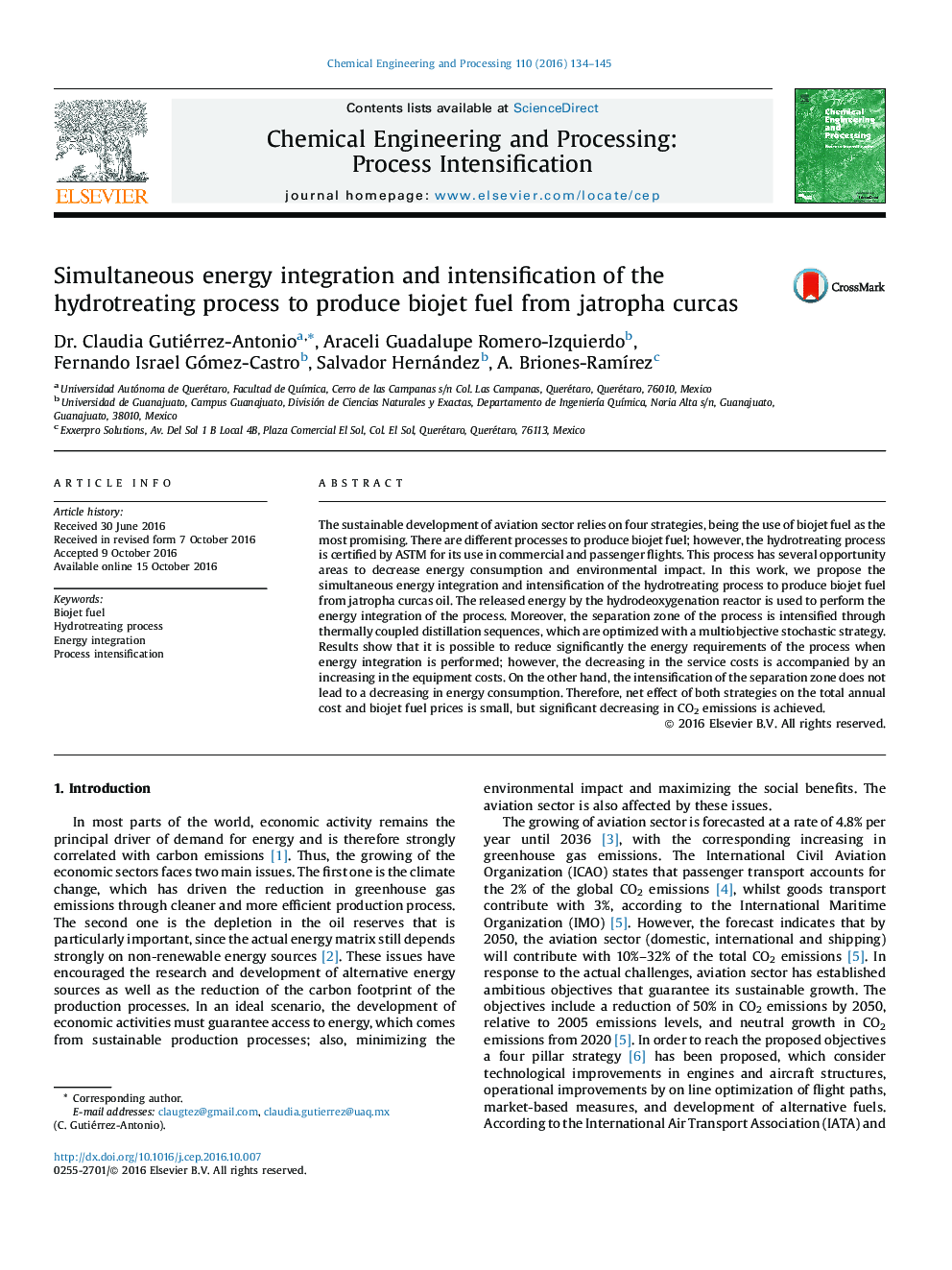 Simultaneous energy integration and intensification of the hydrotreating process to produce biojet fuel from jatropha curcas