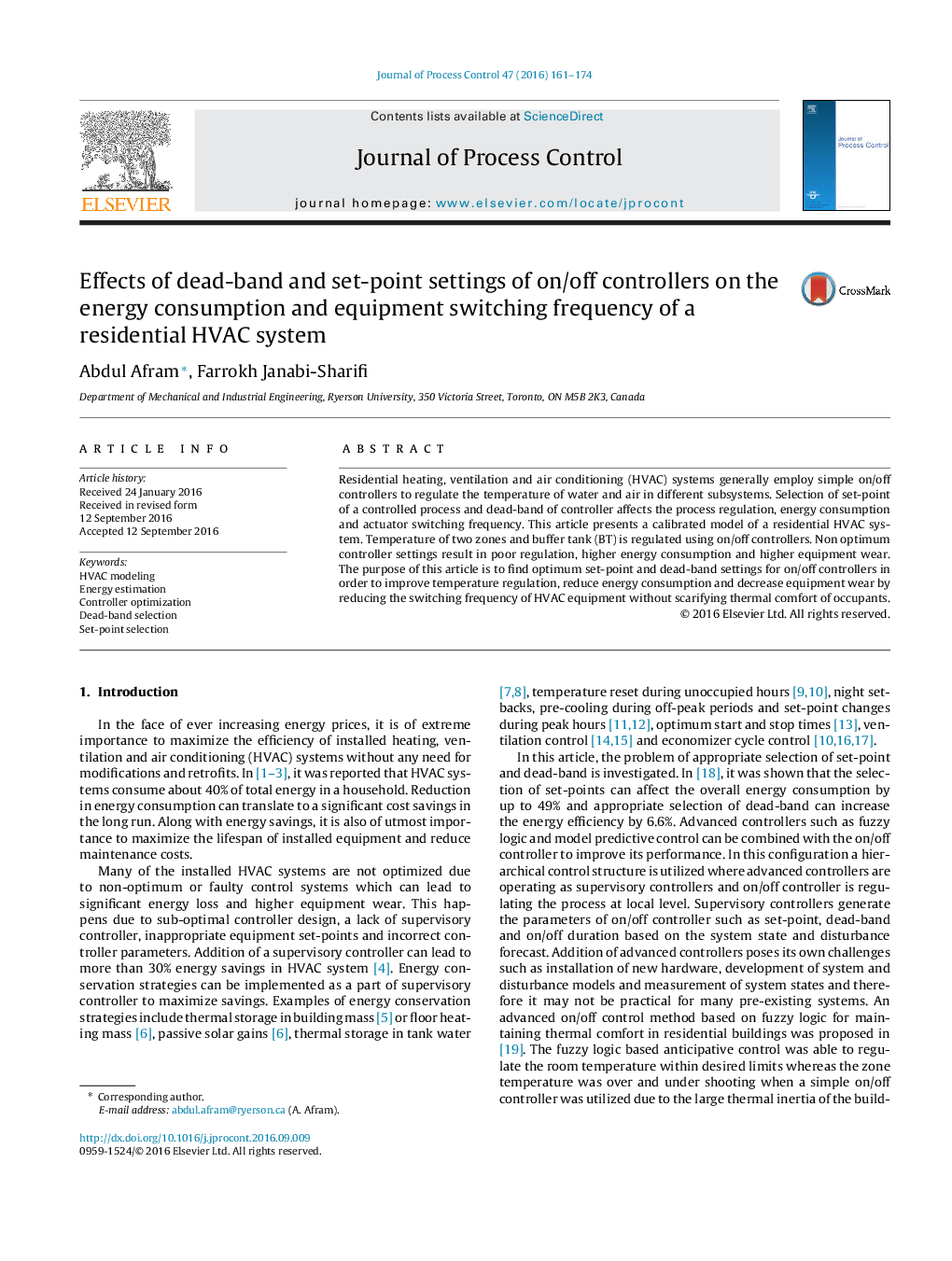 Effects of dead-band and set-point settings of on/off controllers on the energy consumption and equipment switching frequency of a residential HVAC system