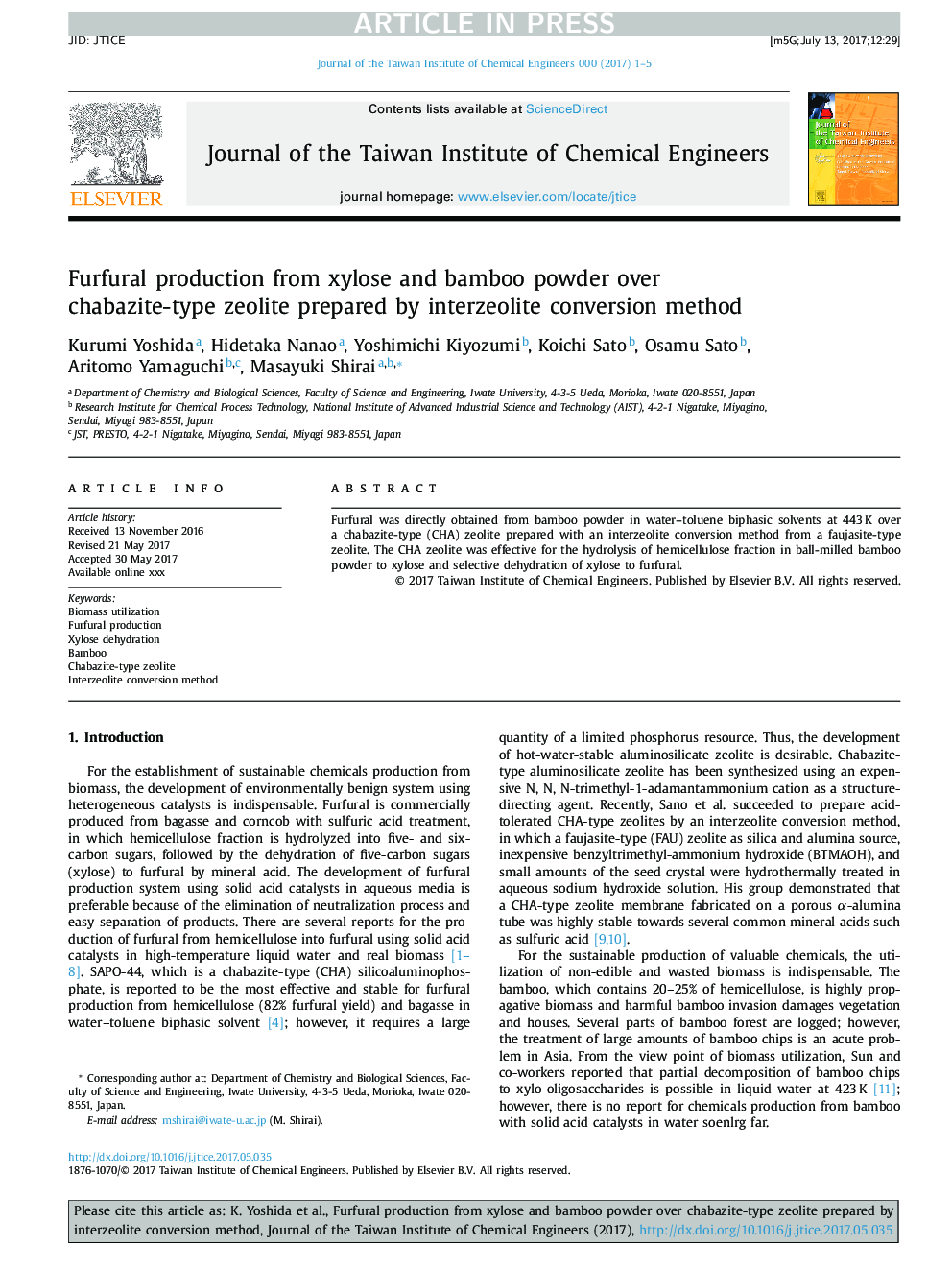 Furfural production from xylose and bamboo powder over chabazite-type zeolite prepared by interzeolite conversion method