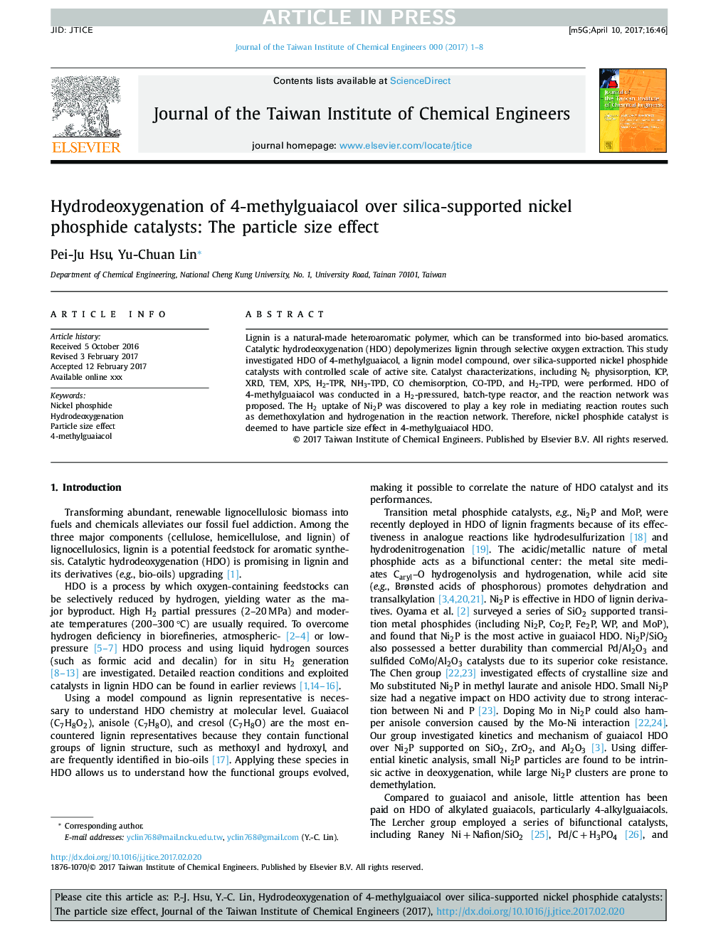 Hydrodeoxygenation of 4-methylguaiacol over silica-supported nickel phosphide catalysts: The particle size effect