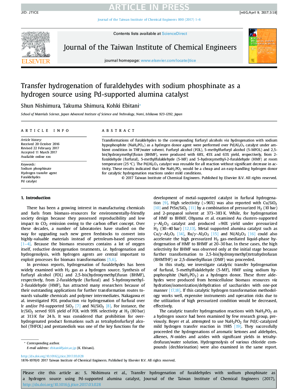 Transfer hydrogenation of furaldehydes with sodium phosphinate as a hydrogen source using Pd-supported alumina catalyst