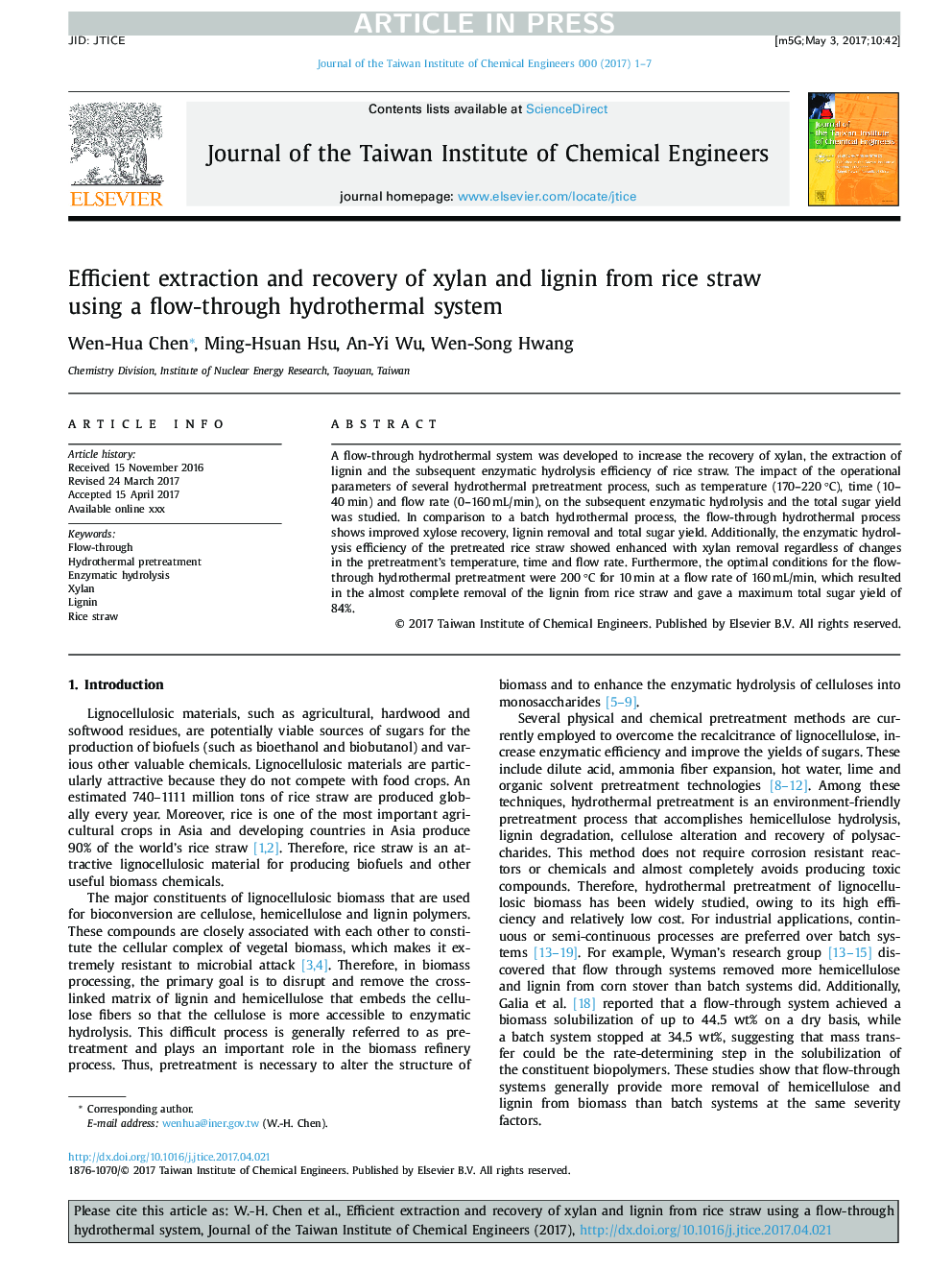 Efficient extraction and recovery of xylan and lignin from rice straw using a flow-through hydrothermal system