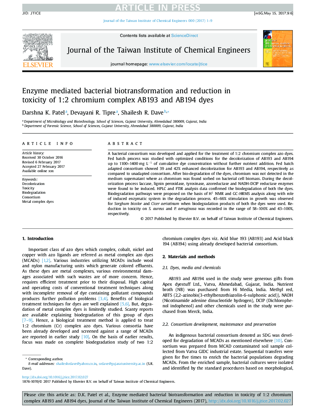 Enzyme mediated bacterial biotransformation and reduction in toxicity of 1:2 chromium complex AB193 and AB194 dyes