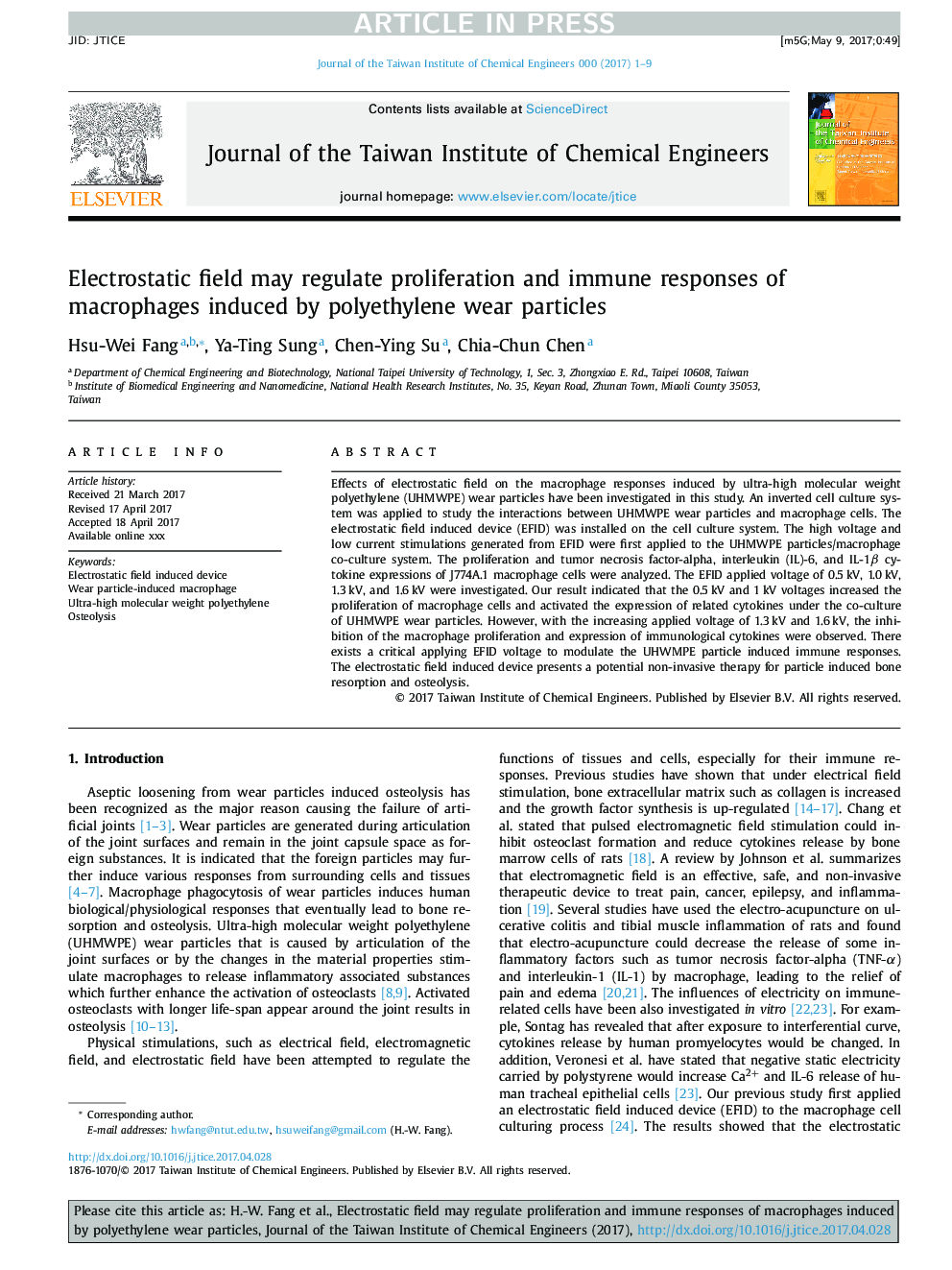 Electrostatic field may regulate proliferation and immune responses of macrophages induced by polyethylene wear particles