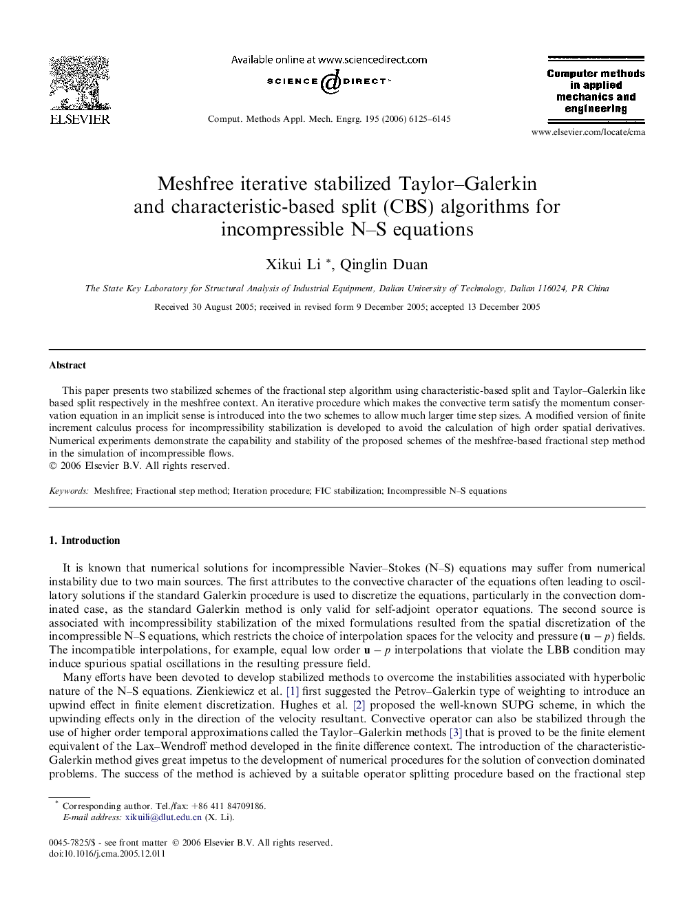 Meshfree iterative stabilized Taylor–Galerkin and characteristic-based split (CBS) algorithms for incompressible N–S equations