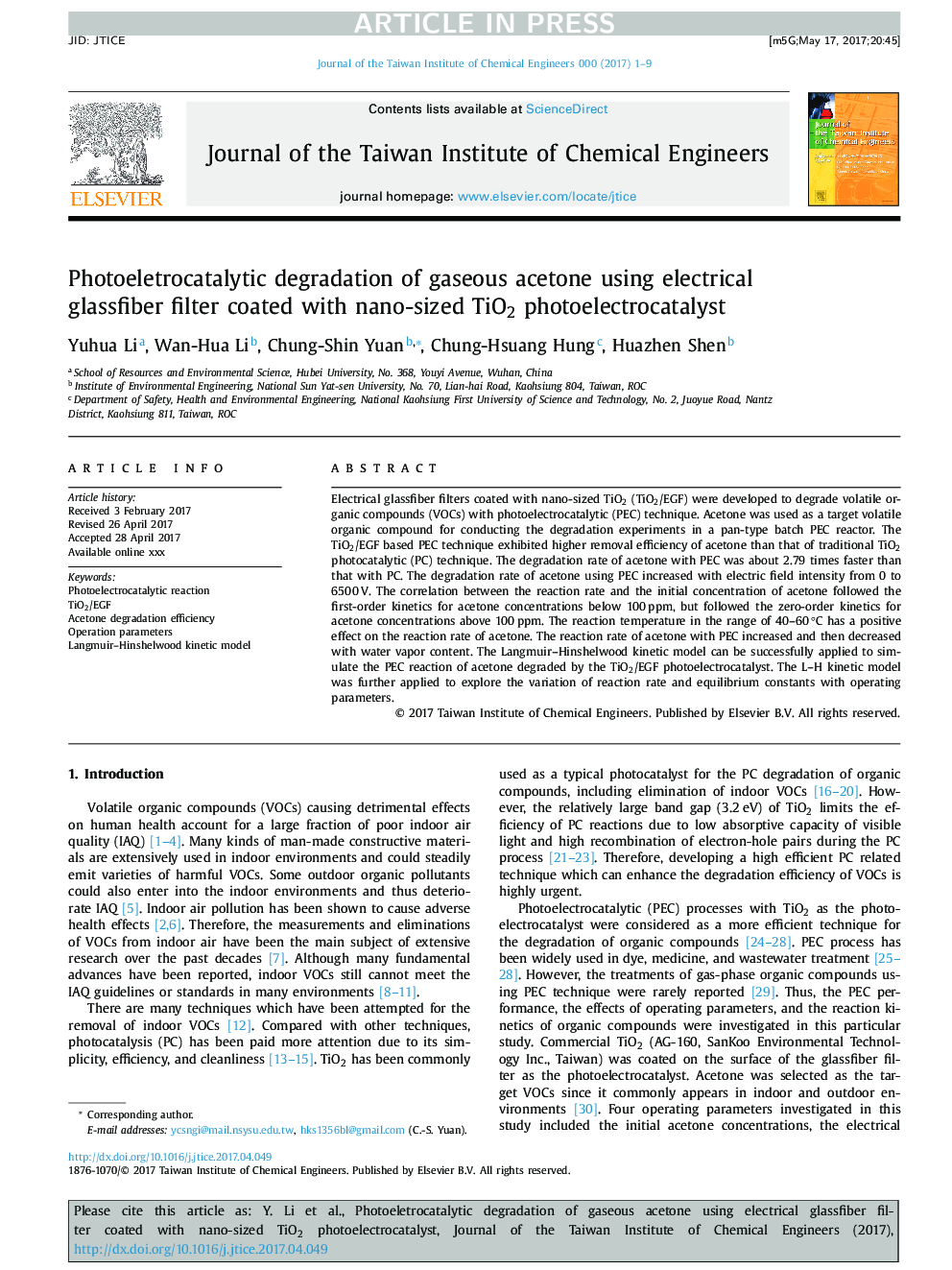 Photoeletrocatalytic degradation of gaseous acetone using electrical glassfiber filter coated with nano-sized TiO2 photoelectrocatalyst