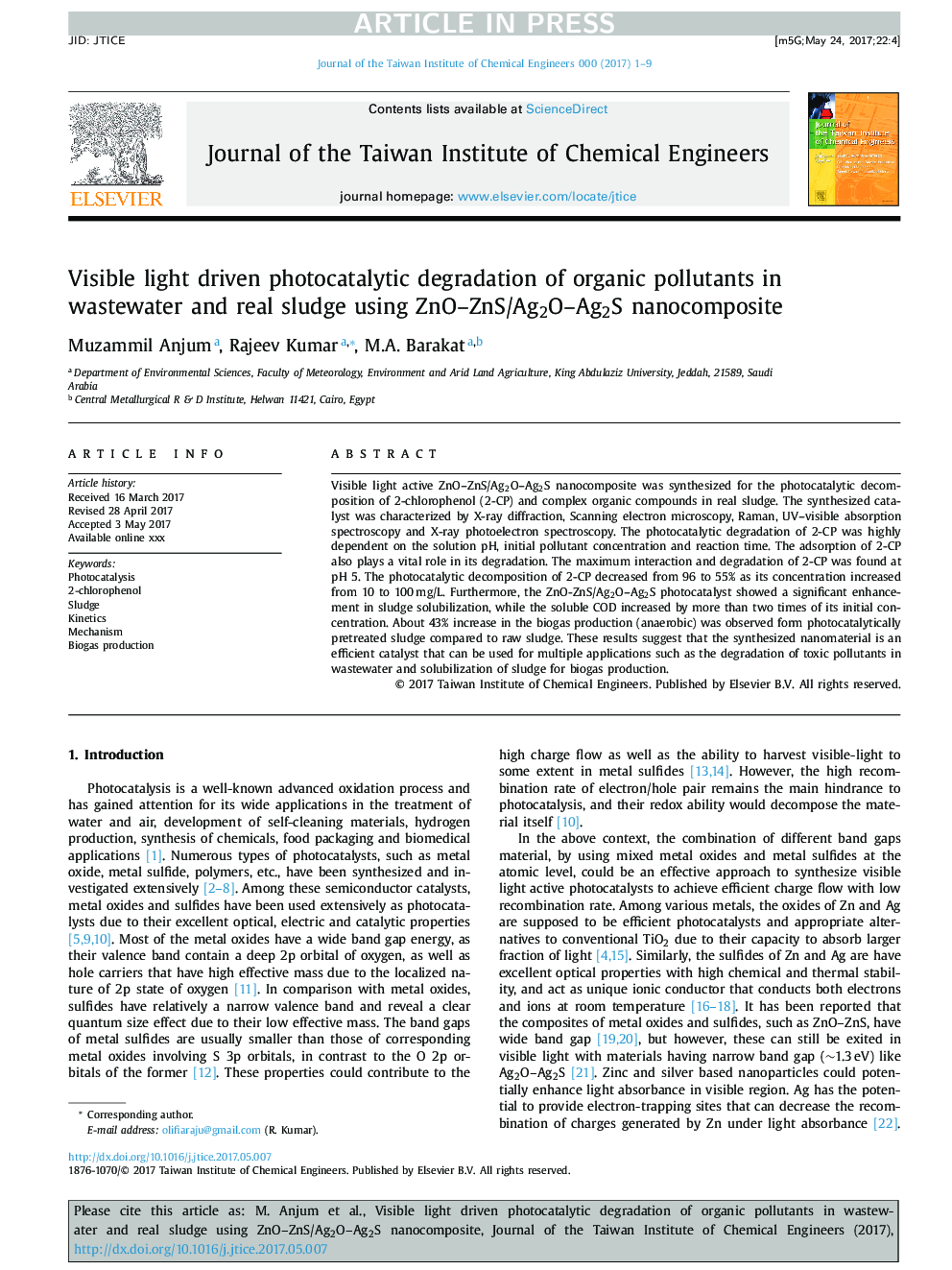 Visible light driven photocatalytic degradation of organic pollutants in wastewater and real sludge using ZnO-ZnS/Ag2O-Ag2S nanocomposite