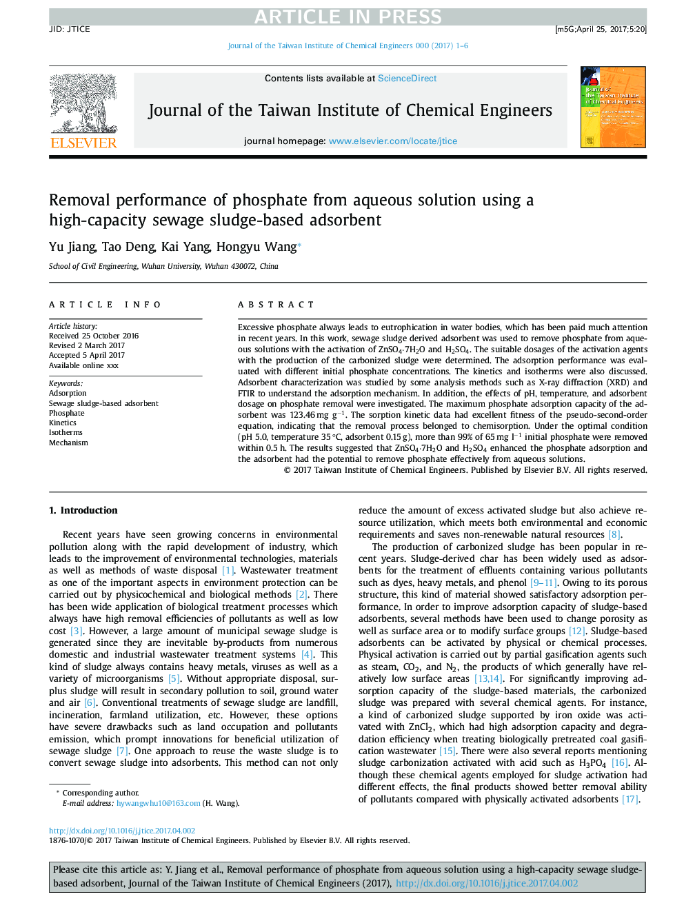 Removal performance of phosphate from aqueous solution using a high-capacity sewage sludge-based adsorbent