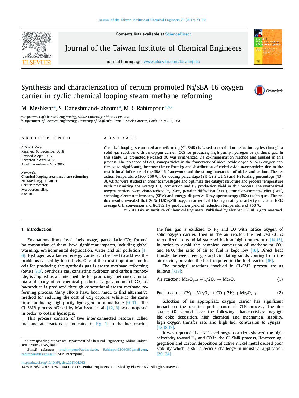 عکس صفحه اول مقاله: Synthesis and characterization of cerium promoted Ni/SBA-16 oxygen carrier in cyclic chemical looping steam methane reforming Synthesis and characterization of cerium promoted Ni/SBA-16 oxygen carrier in cyclic chemical looping steam methane reforming