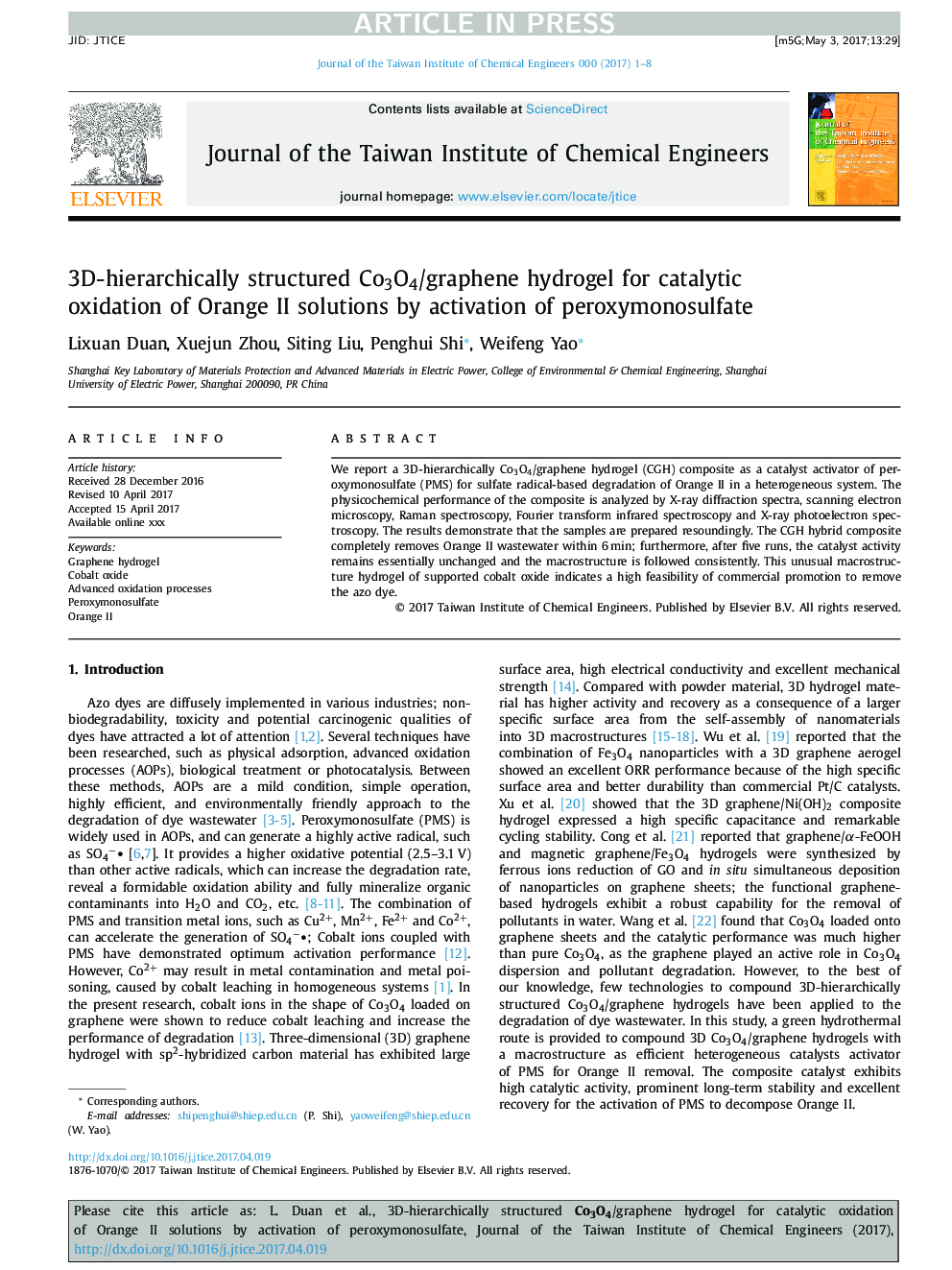 3D-hierarchically structured Co3O4/graphene hydrogel for catalytic oxidation of Orange II solutions by activation of peroxymonosulfate