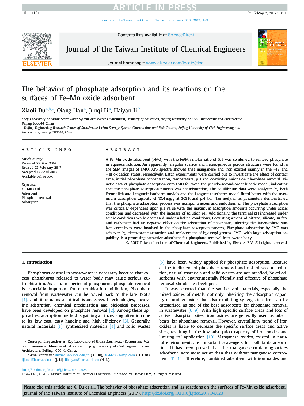 The behavior of phosphate adsorption and its reactions on the surfaces of Fe-Mn oxide adsorbent