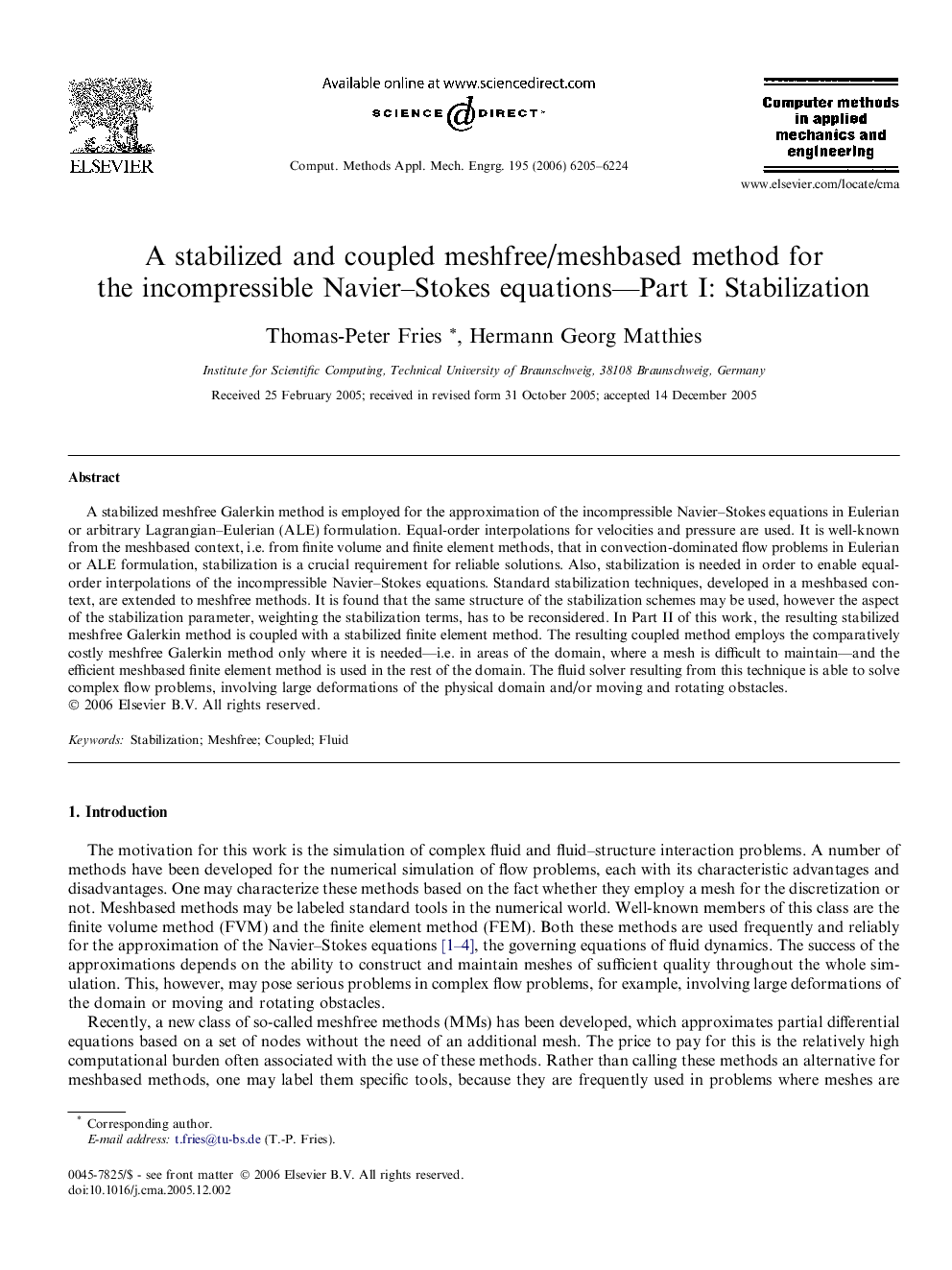 A stabilized and coupled meshfree/meshbased method for the incompressible Navier–Stokes equations—Part I: Stabilization