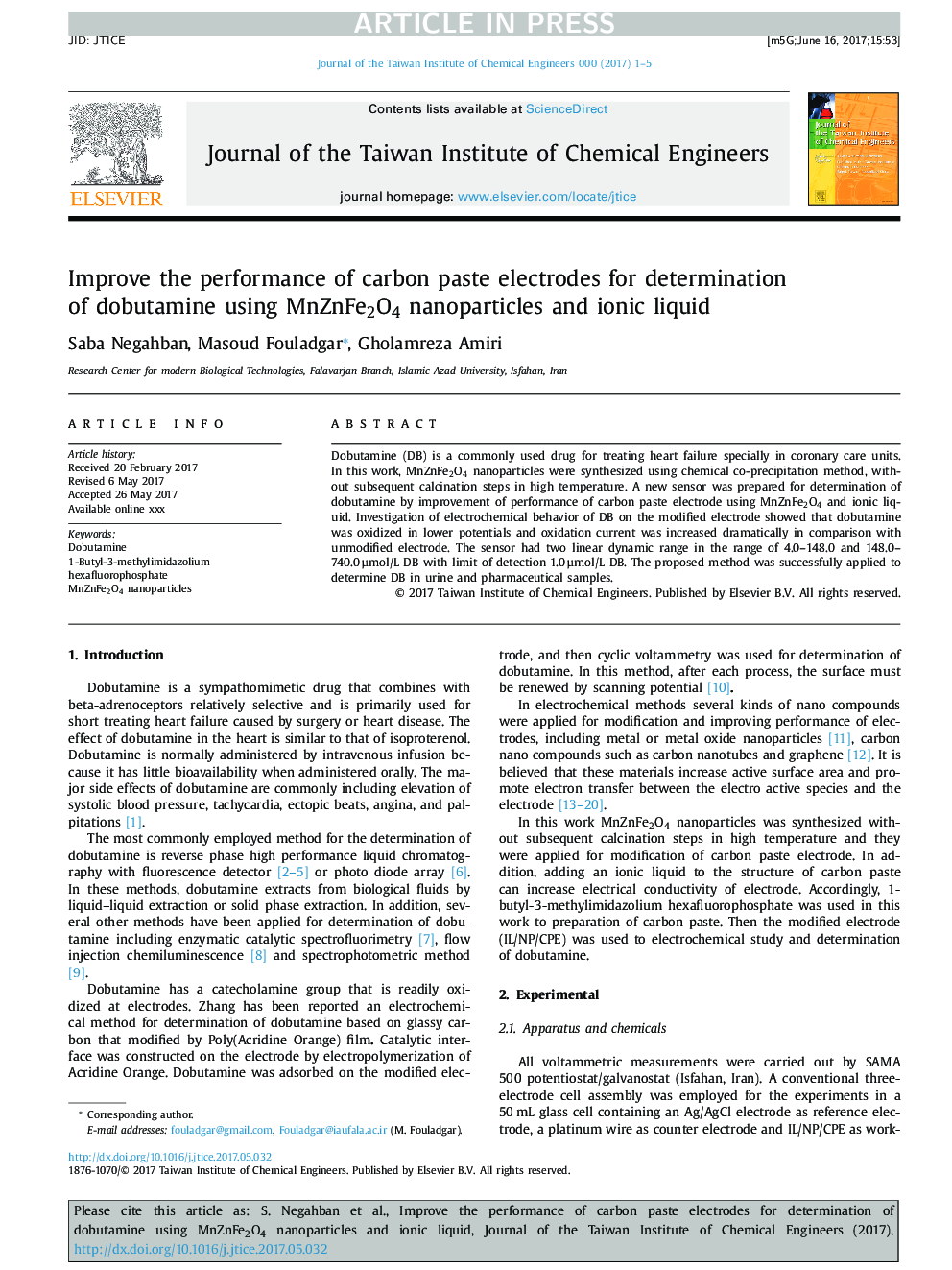 Improve the performance of carbon paste electrodes for determination of dobutamine using MnZnFe2O4 nanoparticles and ionic liquid