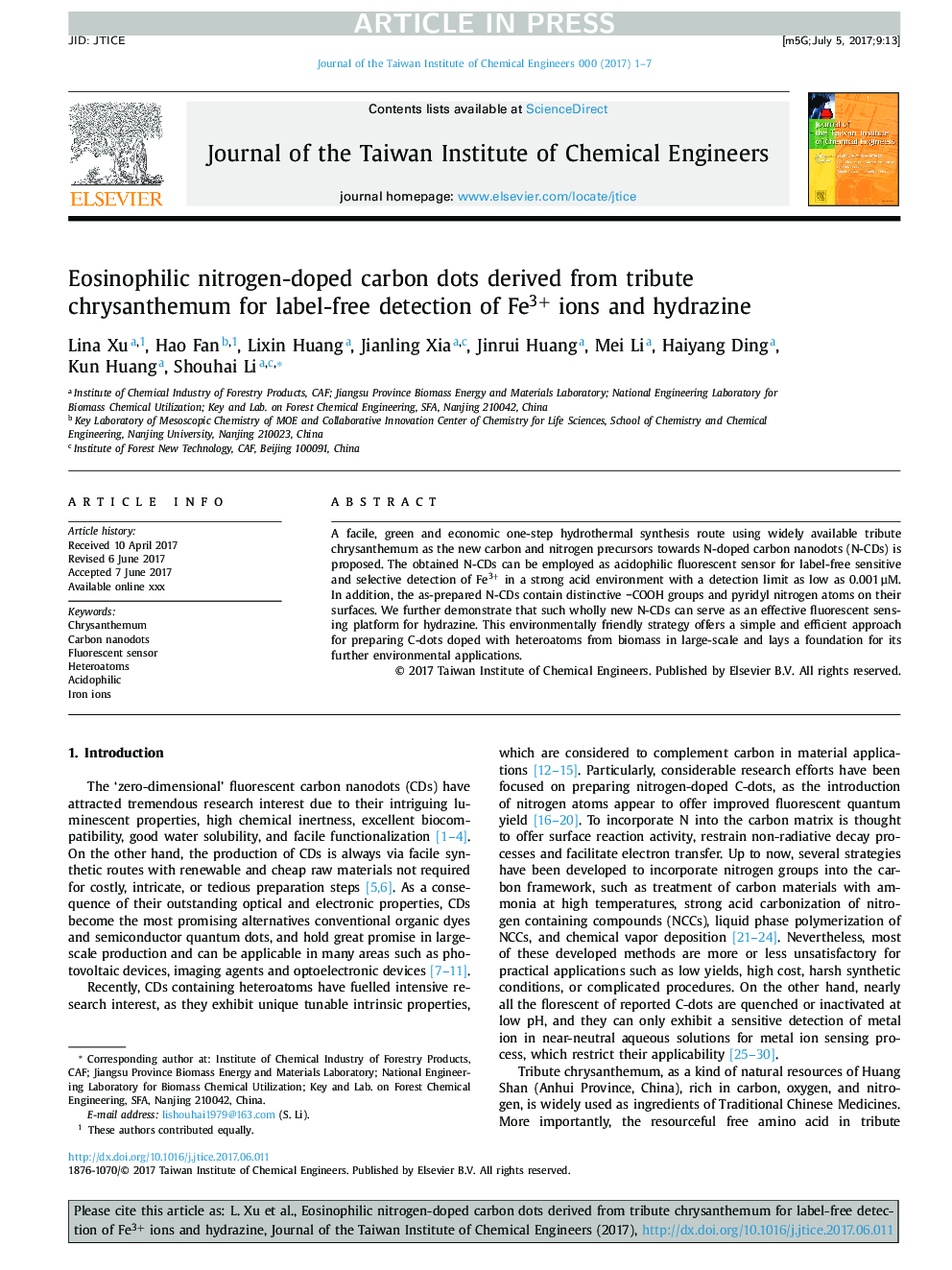 Eosinophilic nitrogen-doped carbon dots derived from tribute chrysanthemum for label-free detection of Fe3+ ions and hydrazine