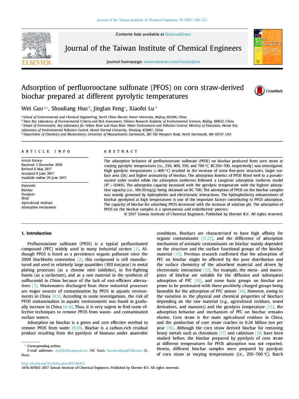 Adsorption of perfluorooctane sulfonate (PFOS) on corn straw-derived biochar prepared at different pyrolytic temperatures