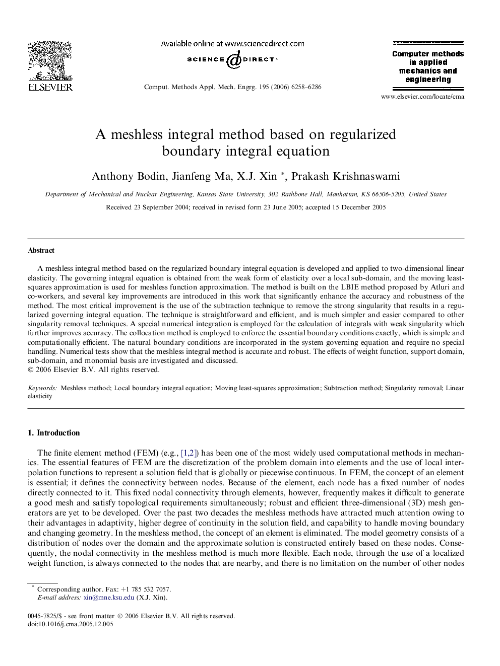 A meshless integral method based on regularized boundary integral equation