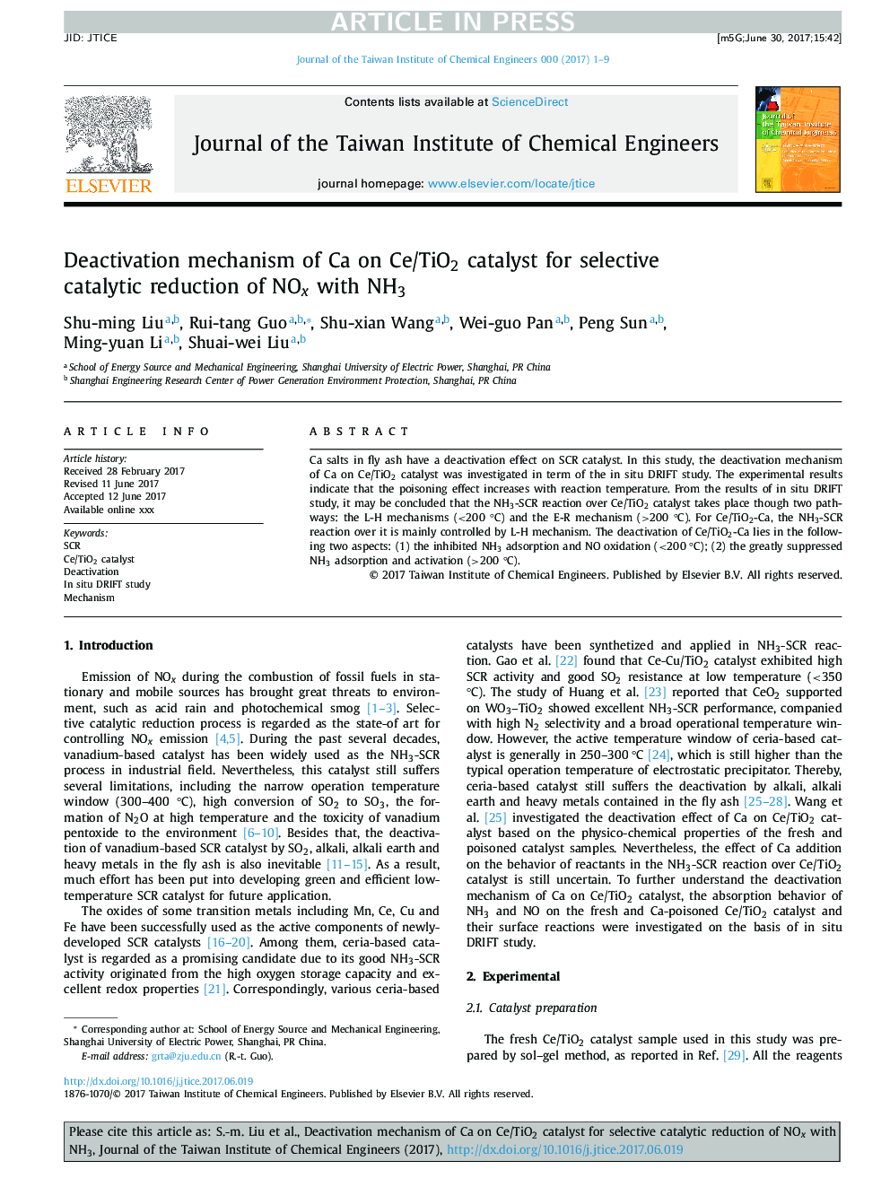 Deactivation mechanism of Ca on Ce/TiO2 catalyst for selective catalytic reduction of NOx with NH3