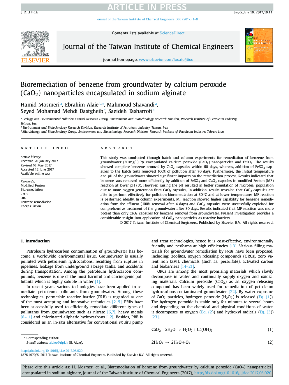 Bioremediation of benzene from groundwater by calcium peroxide (CaO2) nanoparticles encapsulated in sodium alginate