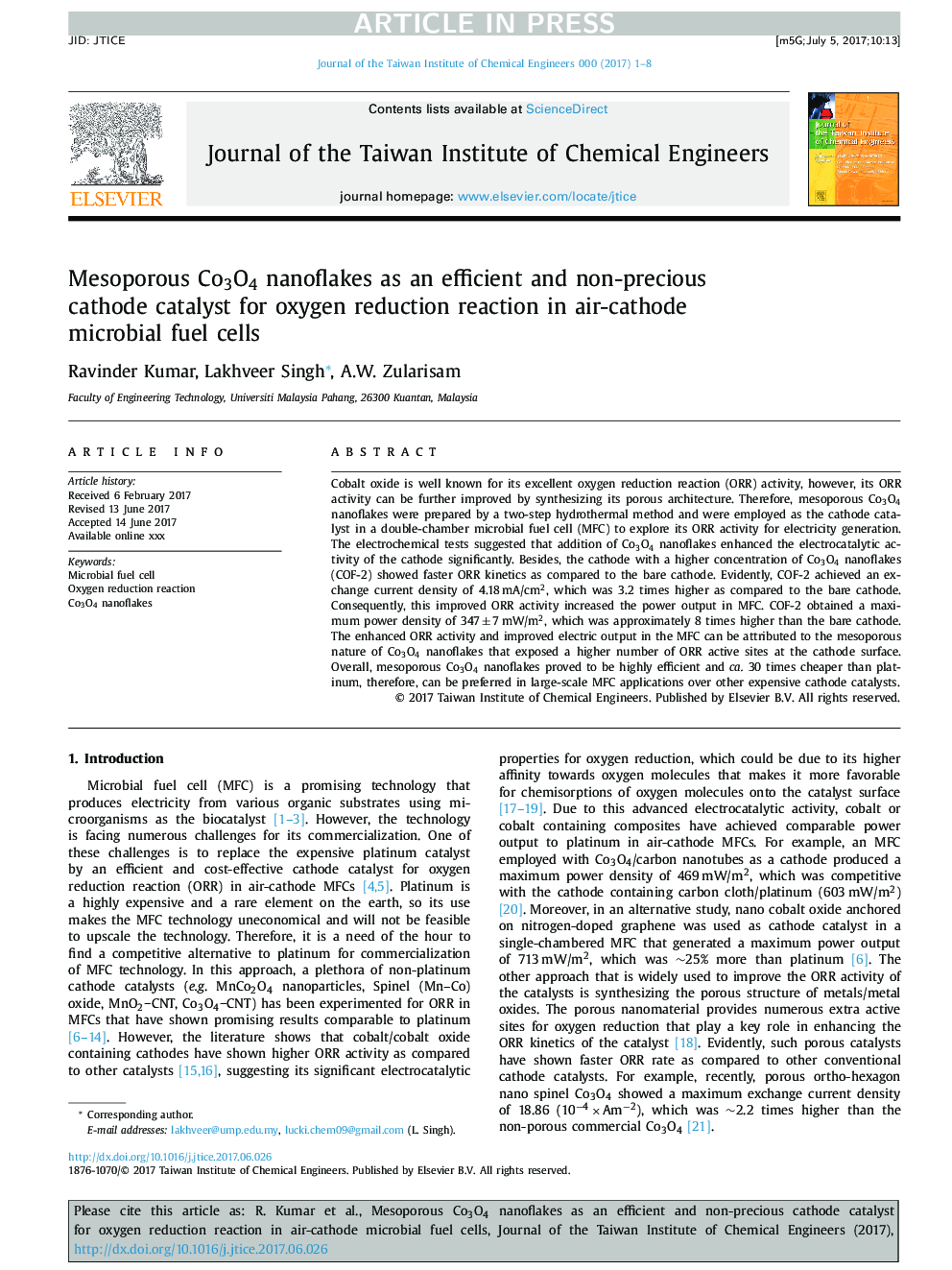 Mesoporous Co3O4 nanoflakes as an efficient and non-precious cathode catalyst for oxygen reduction reaction in air-cathode microbial fuel cells