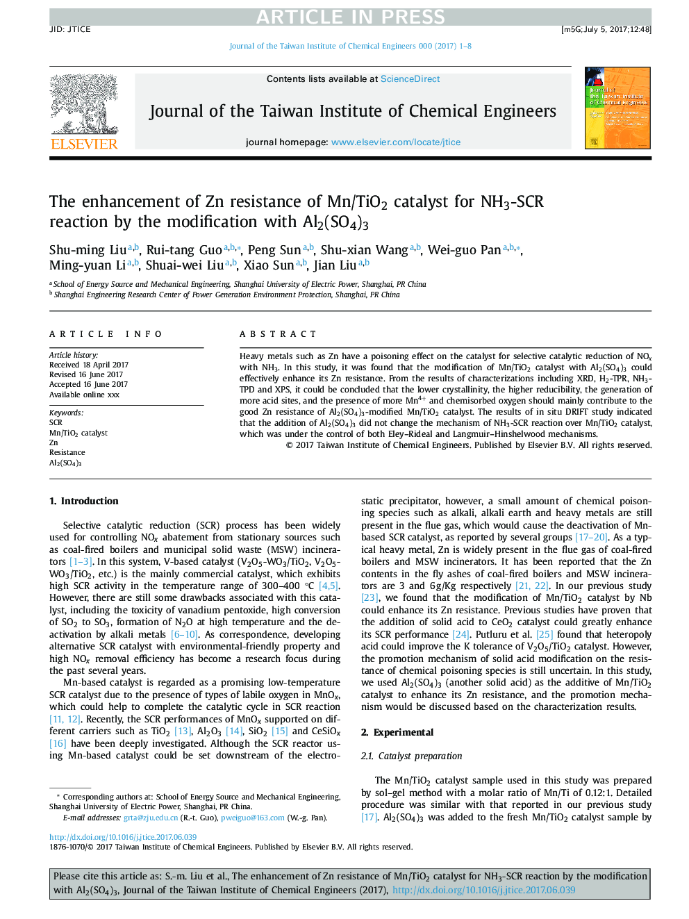 The enhancement of Zn resistance of Mn/TiO2 catalyst for NH3-SCR reaction by the modification with Al2(SO4)3