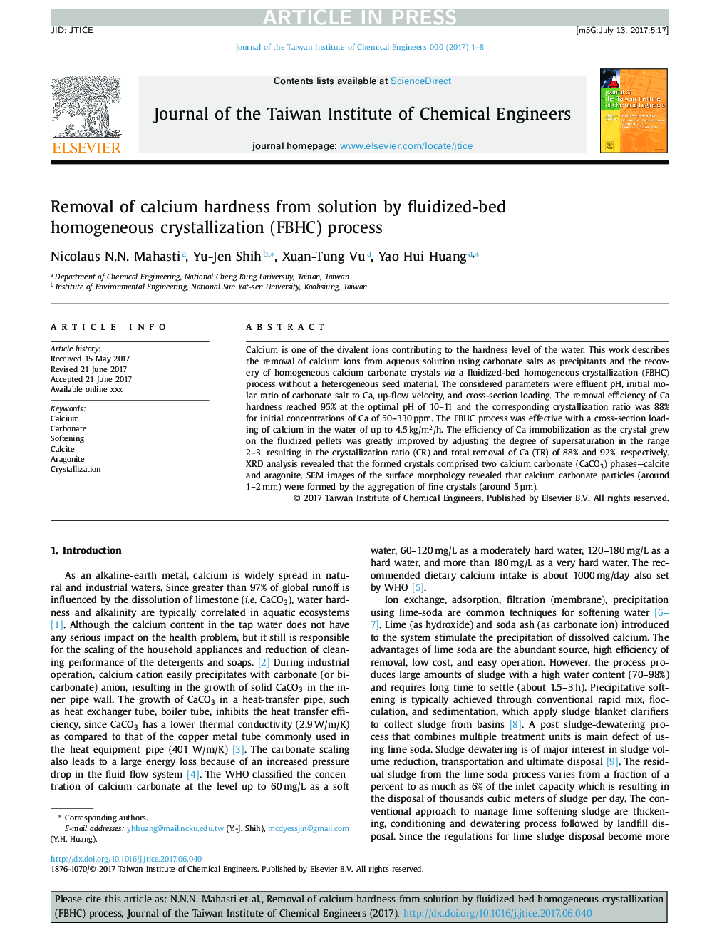 Removal of calcium hardness from solution by fluidized-bed homogeneous crystallization (FBHC) process