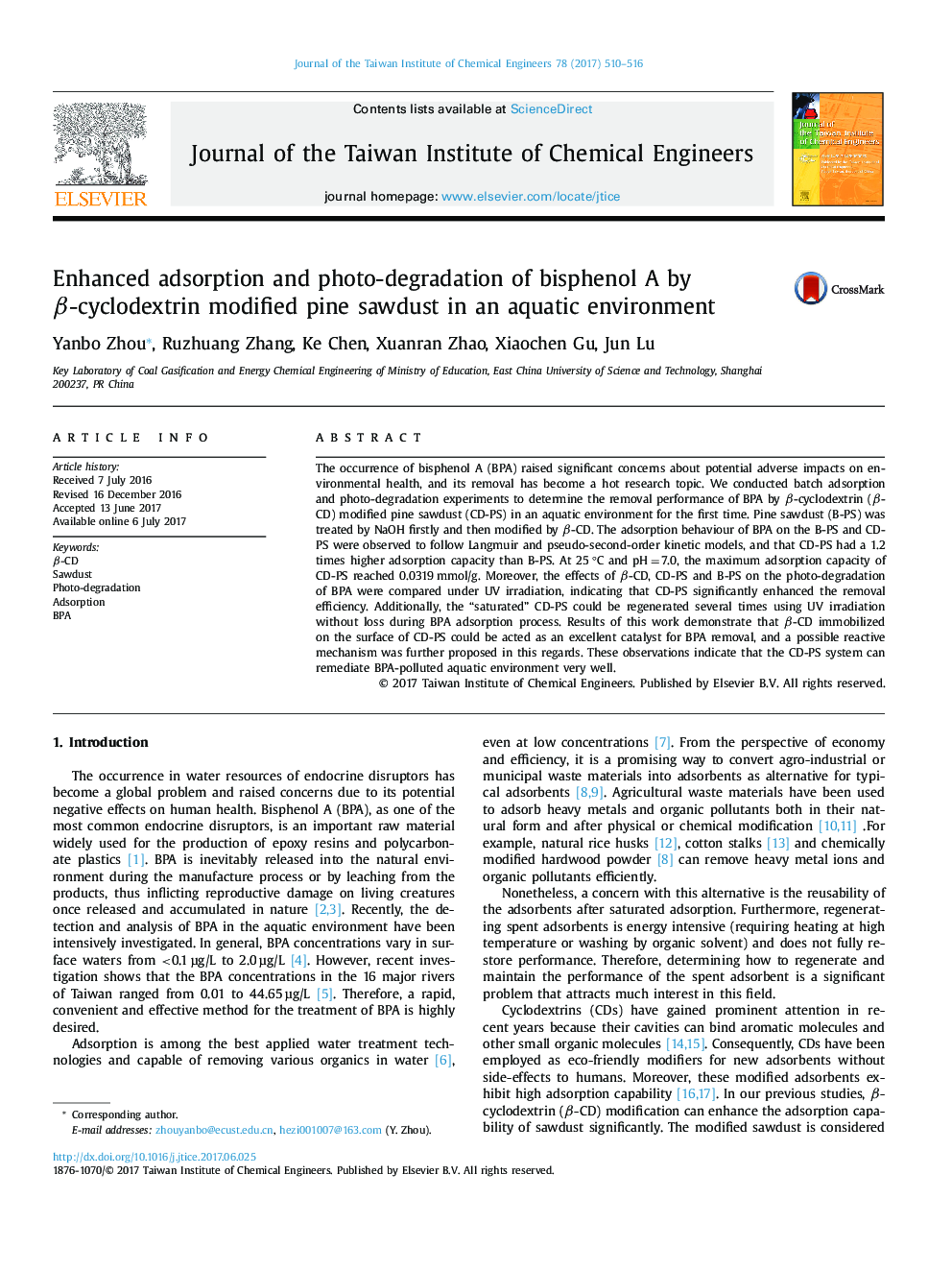 Enhanced adsorption and photo-degradation of bisphenol A by Î²-cyclodextrin modified pine sawdust in an aquatic environment