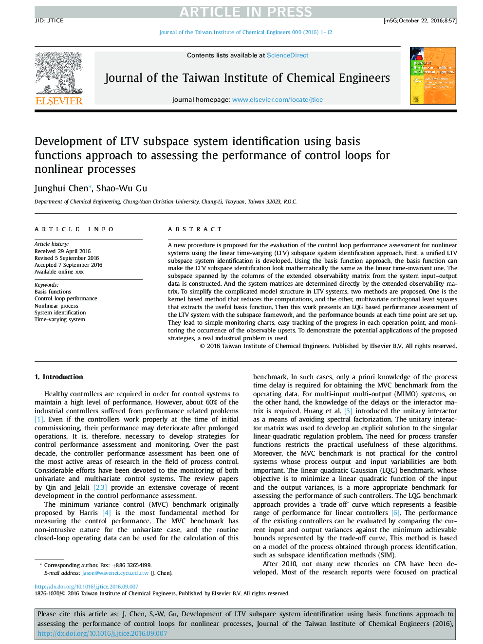 Development of LTV subspace system identification using basis functions approach to assessing the performance of control loops for nonlinear processes