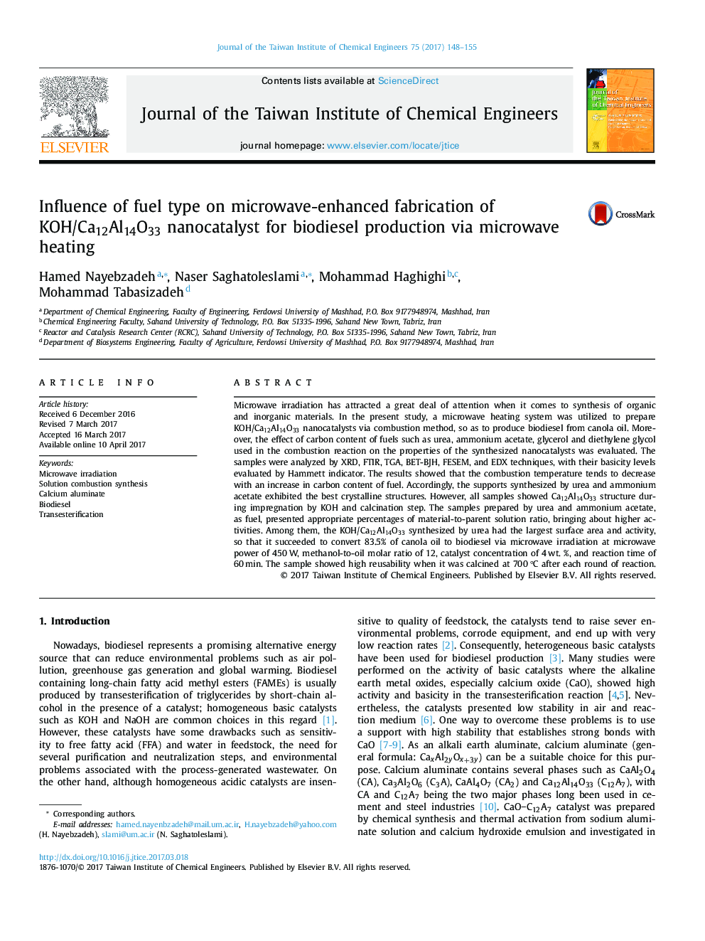 Influence of fuel type on microwave-enhanced fabrication of KOH/Ca12Al14O33 nanocatalyst for biodiesel production via microwave heating