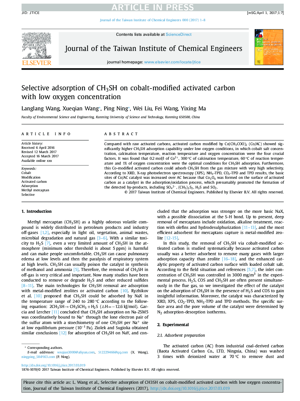 Selective adsorption of CH3SH on cobalt-modified activated carbon with low oxygen concentration