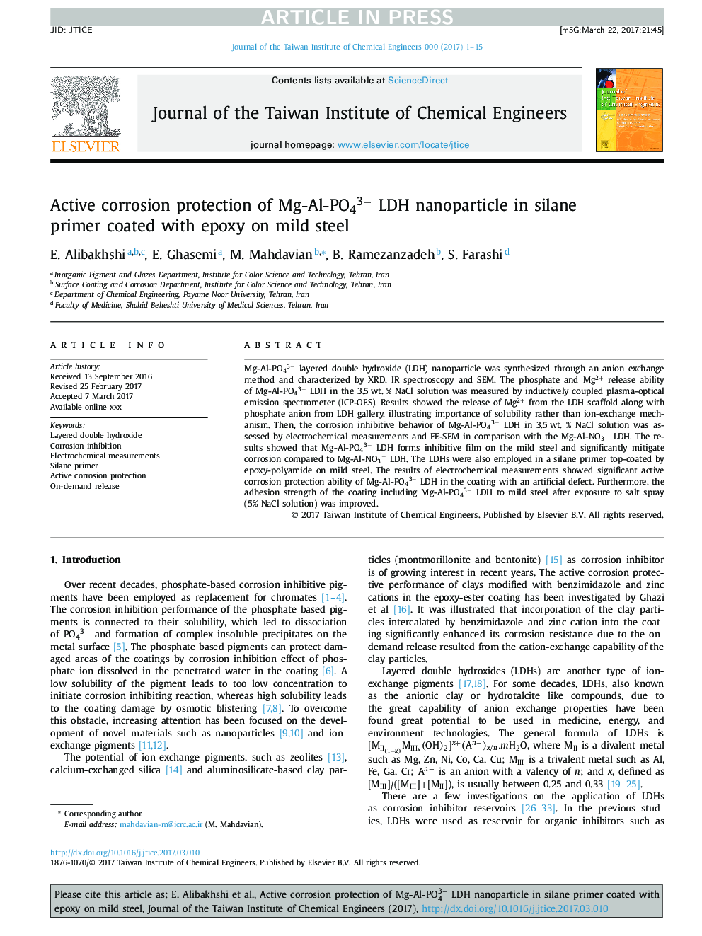 Active corrosion protection of Mg-Al-PO43â LDH nanoparticle in silane primer coated with epoxy on mild steel