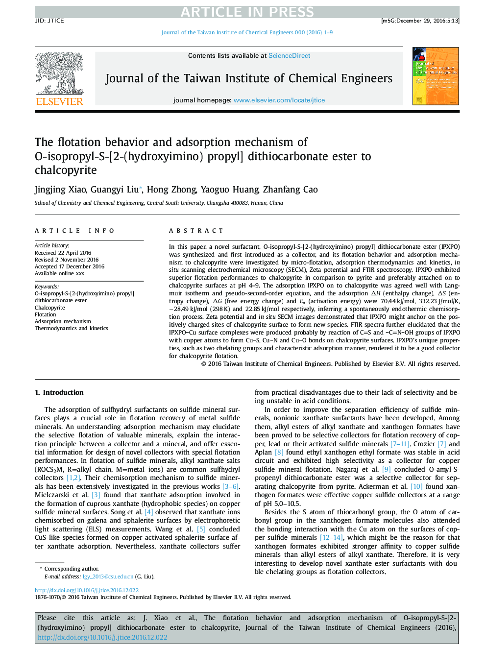 The flotation behavior and adsorption mechanism of O-isopropyl-S-[2-(hydroxyimino) propyl] dithiocarbonate ester to chalcopyrite