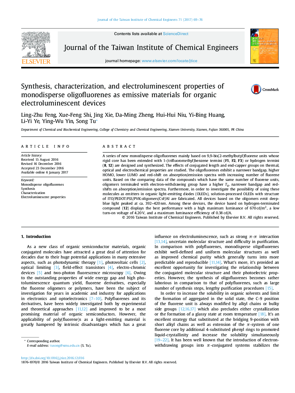 Synthesis, characterization, and electroluminescent properties of monodisperse oligofluorenes as emissive materials for organic electroluminescent devices