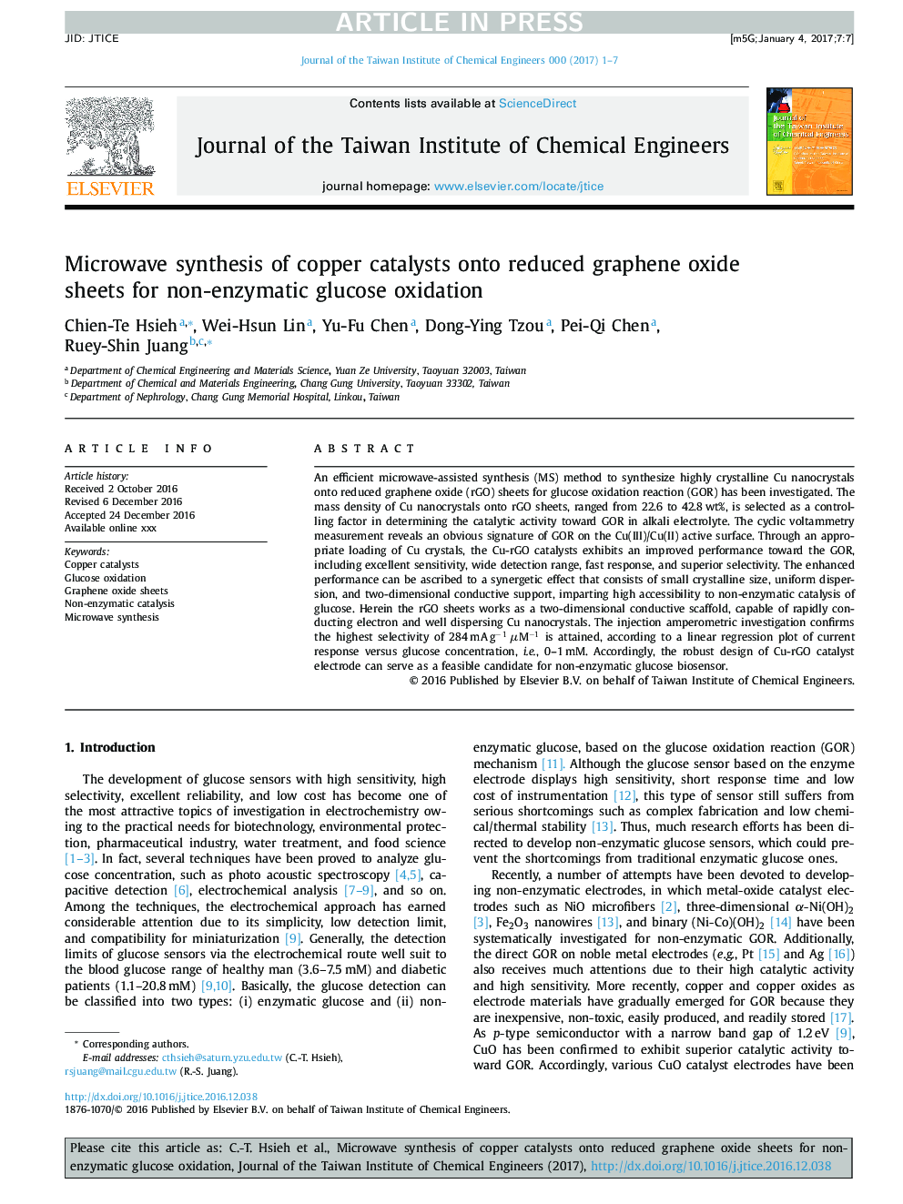 Microwave synthesis of copper catalysts onto reduced graphene oxide sheets for non-enzymatic glucose oxidation