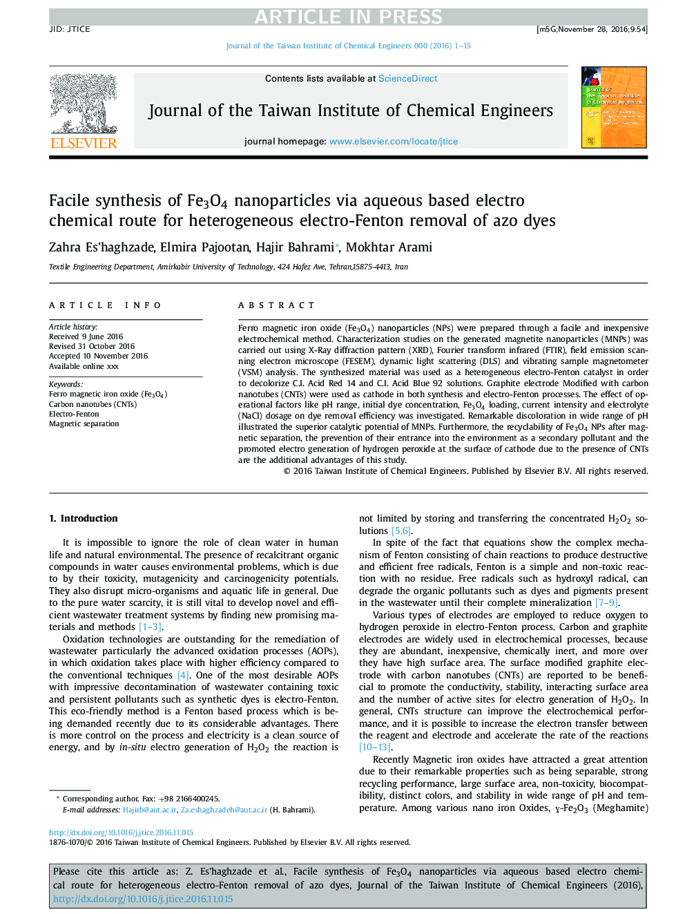 Facile synthesis of Fe3O4 nanoparticles via aqueous based electro chemical route for heterogeneous electro-Fenton removal of azo dyes