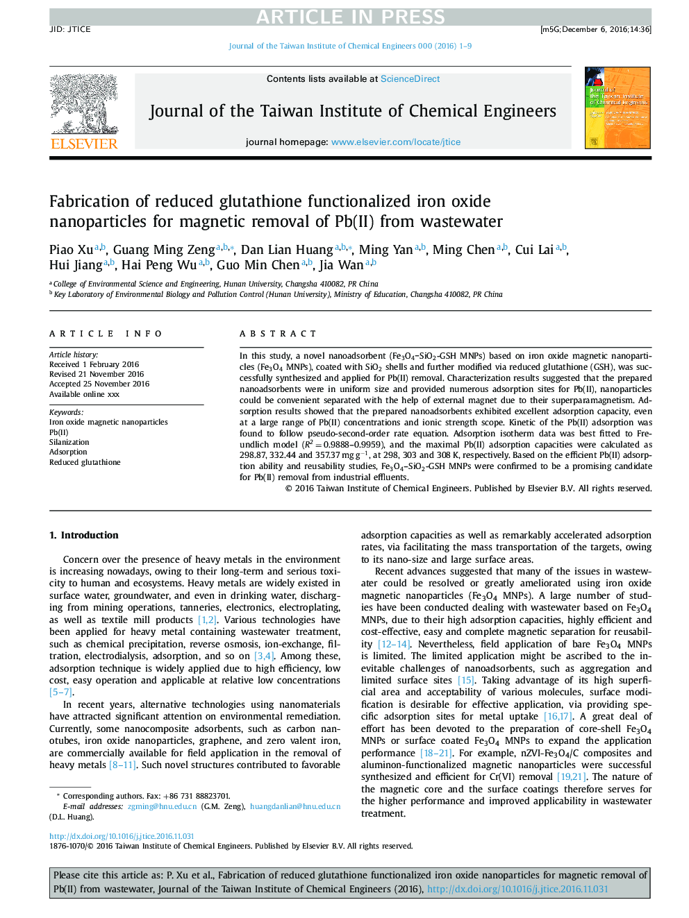 Fabrication of reduced glutathione functionalized iron oxide nanoparticles for magnetic removal of Pb(II) from wastewater