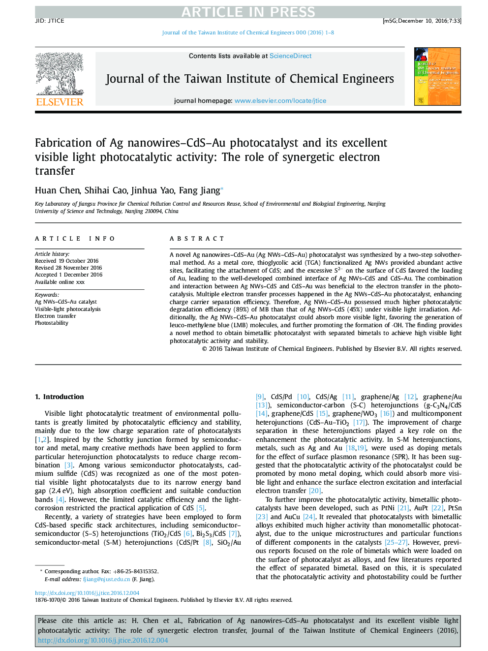 Fabrication of Ag nanowires-CdS-Au photocatalyst and its excellent visible light photocatalytic activity: The role of synergetic electron transfer